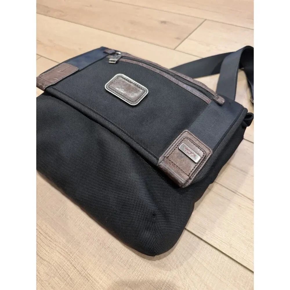 TUMI Alpha Ballistic Nylon Messenger Crossbody Laptop Bag Black Brown Leather